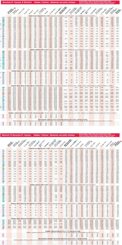Tabla de horarios y frecuencias de paso los días festivos Línea L8: Plaça Espanya - Molí Nou Ciutat Cooperativa