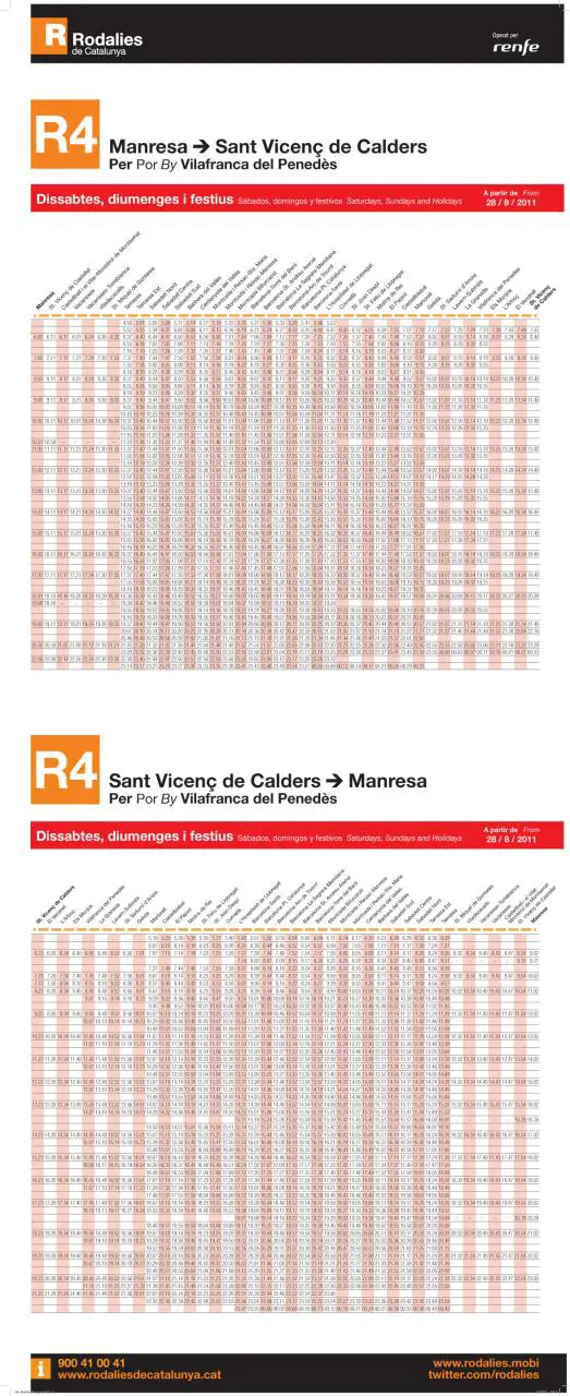 Tabla de horarios y frecuencias de paso los días festivos Línea R4: St. Vicenç de Calders - Manresa