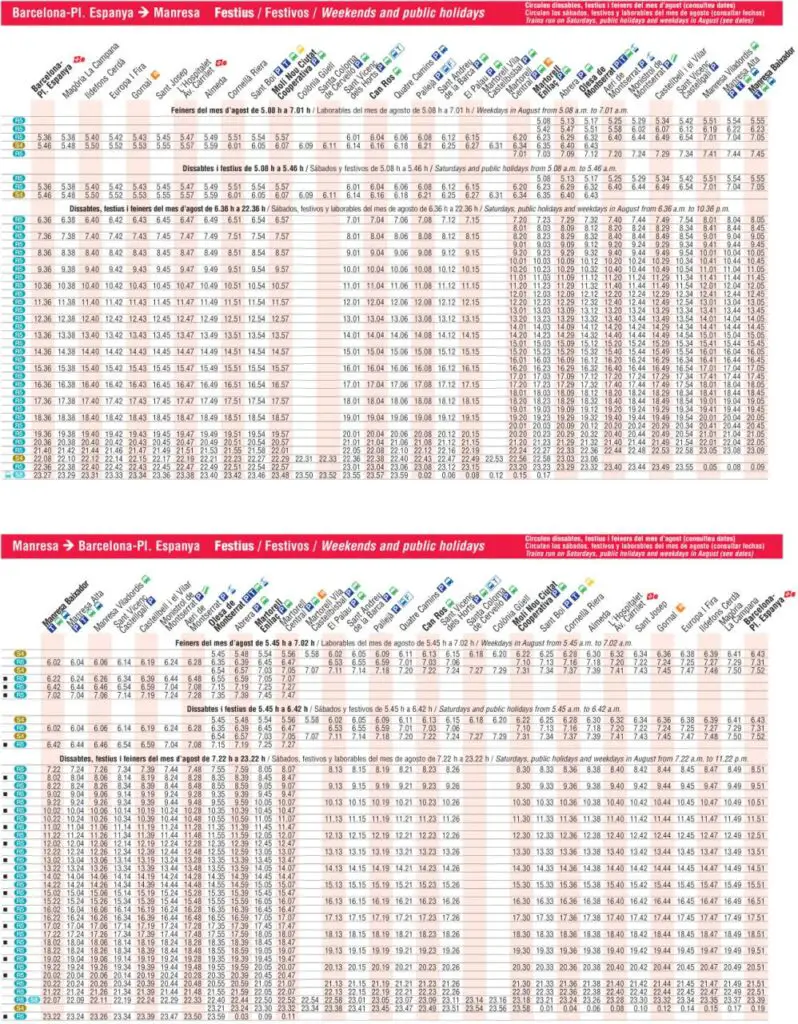Tabla de horarios y frecuencias de paso los días festivos Línea R5: Barcelona - Plaça de Espanya - Manresa