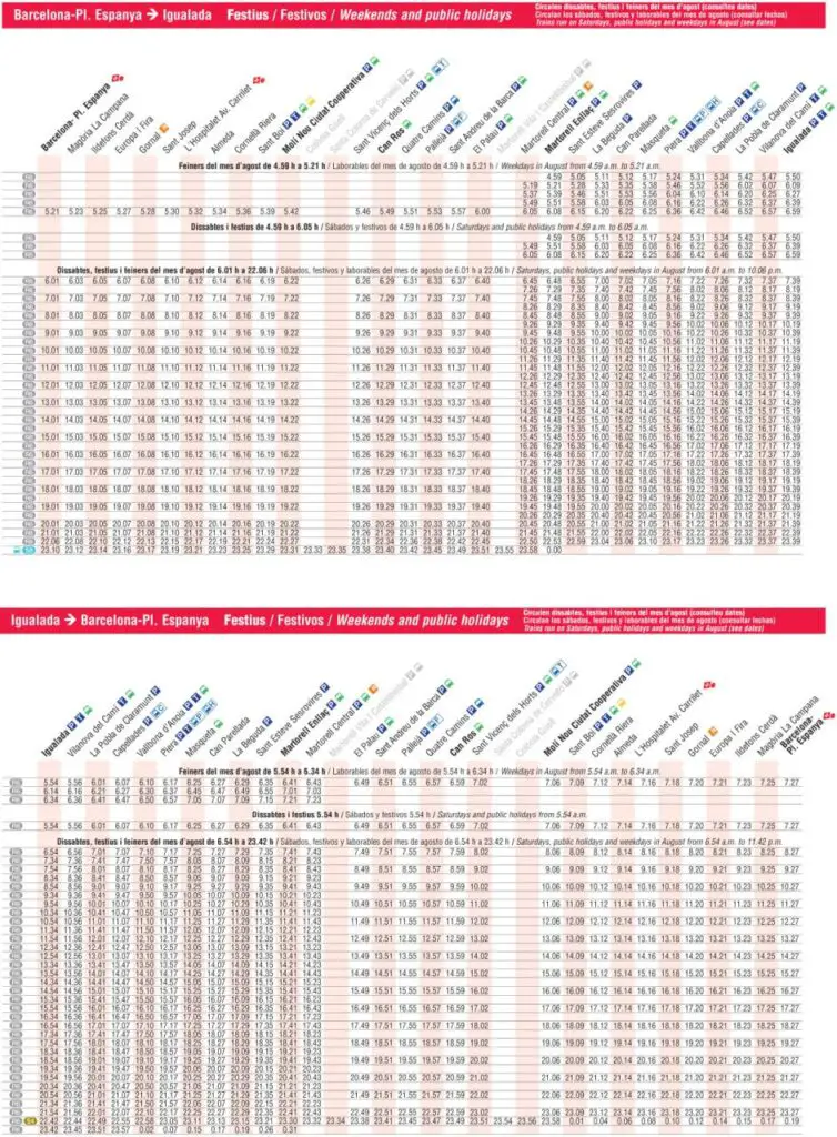 Tabla de horarios y frecuencias de paso los días festivos Línea R6: Barcelona - Plaça de Espanya - Igualada
