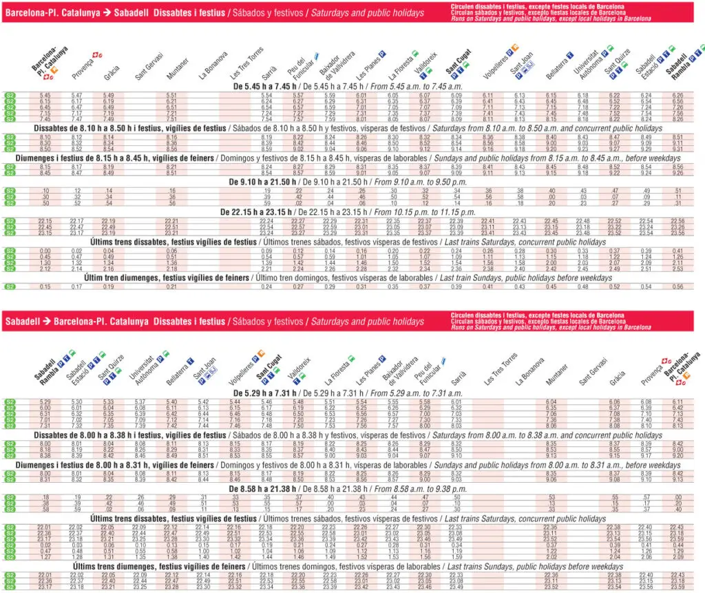 Tabla de horarios y frecuencias de paso los días festivos Línea S2: Barcelona - Plaça Catalunya - Sabadell