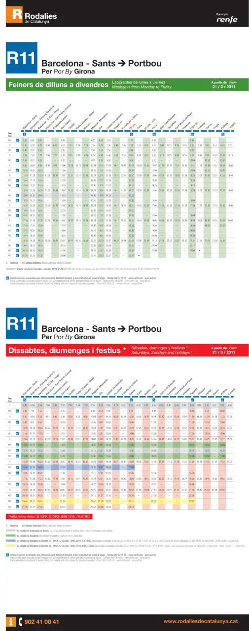 Tabla de horarios y frecuencias de paso en sentido ida Línea R11: Barcelona - Sants - Portbou