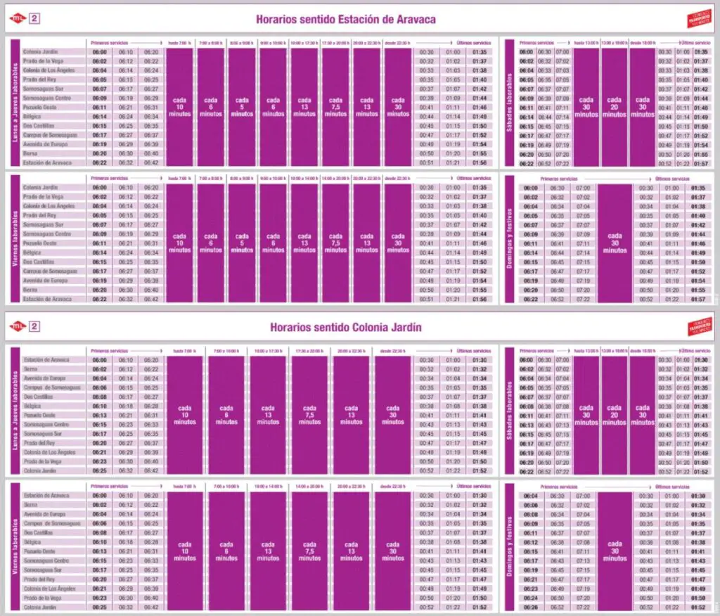 Tabla de horarios y frecuencias de paso Línea ML2: Colonia Jardín - Estación de Aravaca