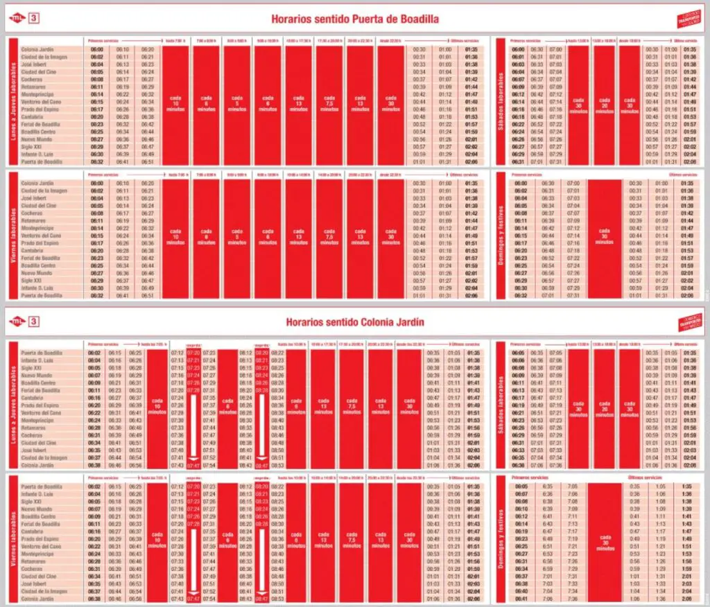 Tabla de horarios y frecuencias de paso Línea ML3: Colonia Jardín - Puerta de Boadilla