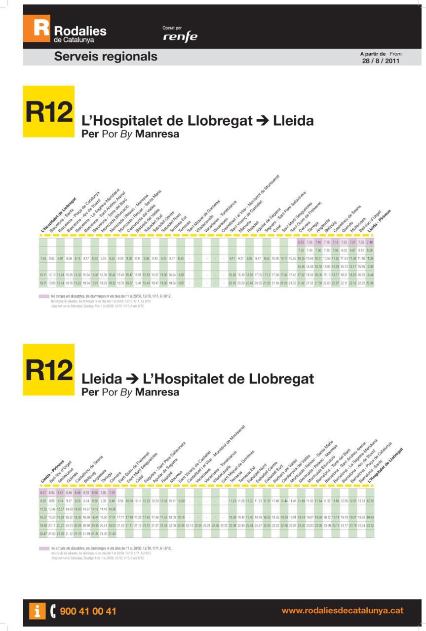 Tabla de horarios y frecuencias de paso Línea R12: L'Hospitalet de Llobregat - Lleida