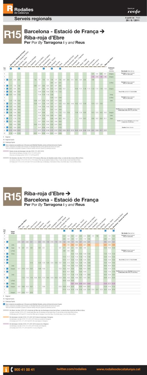 Tabla de horarios y frecuencias de paso Línea R15: Barcelona - Estació de França - Riba-roja d'Ebre