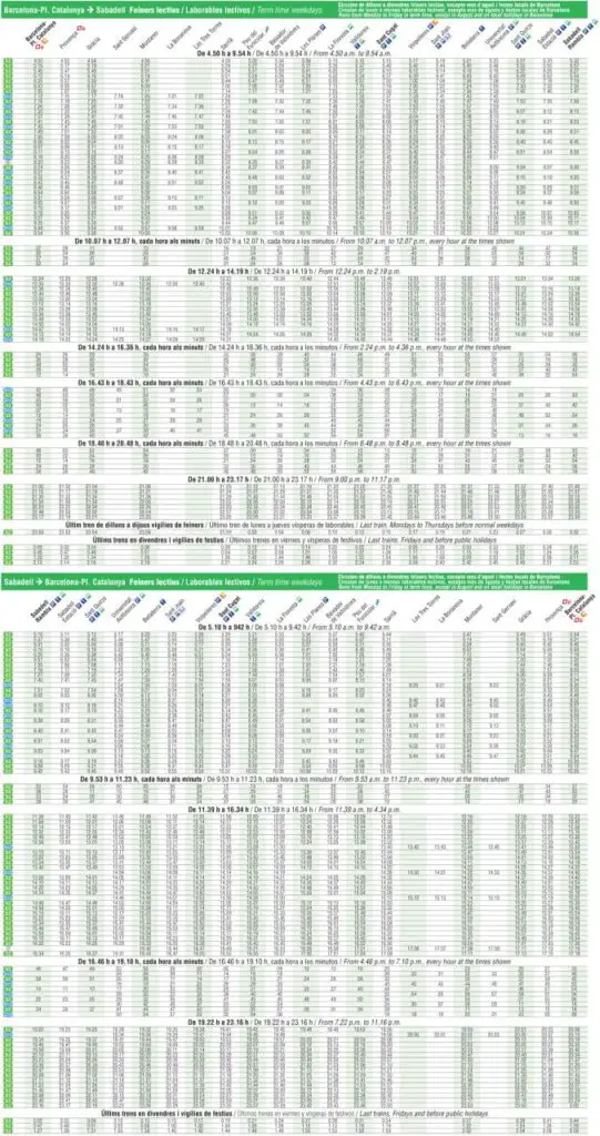 Tabla de horarios y frecuencias de paso Línea S55: Barcelona - Plaça Catalunya - Universitat Autònoma