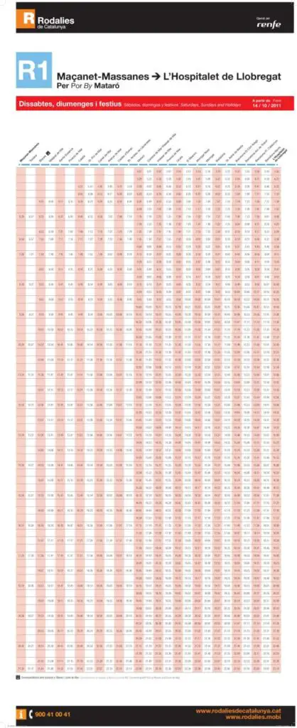 Tabla de horarios y frecuencias de paso en sentido vuelta los días festivos Línea R1: Molins de Rei - Maçanet - Massanes